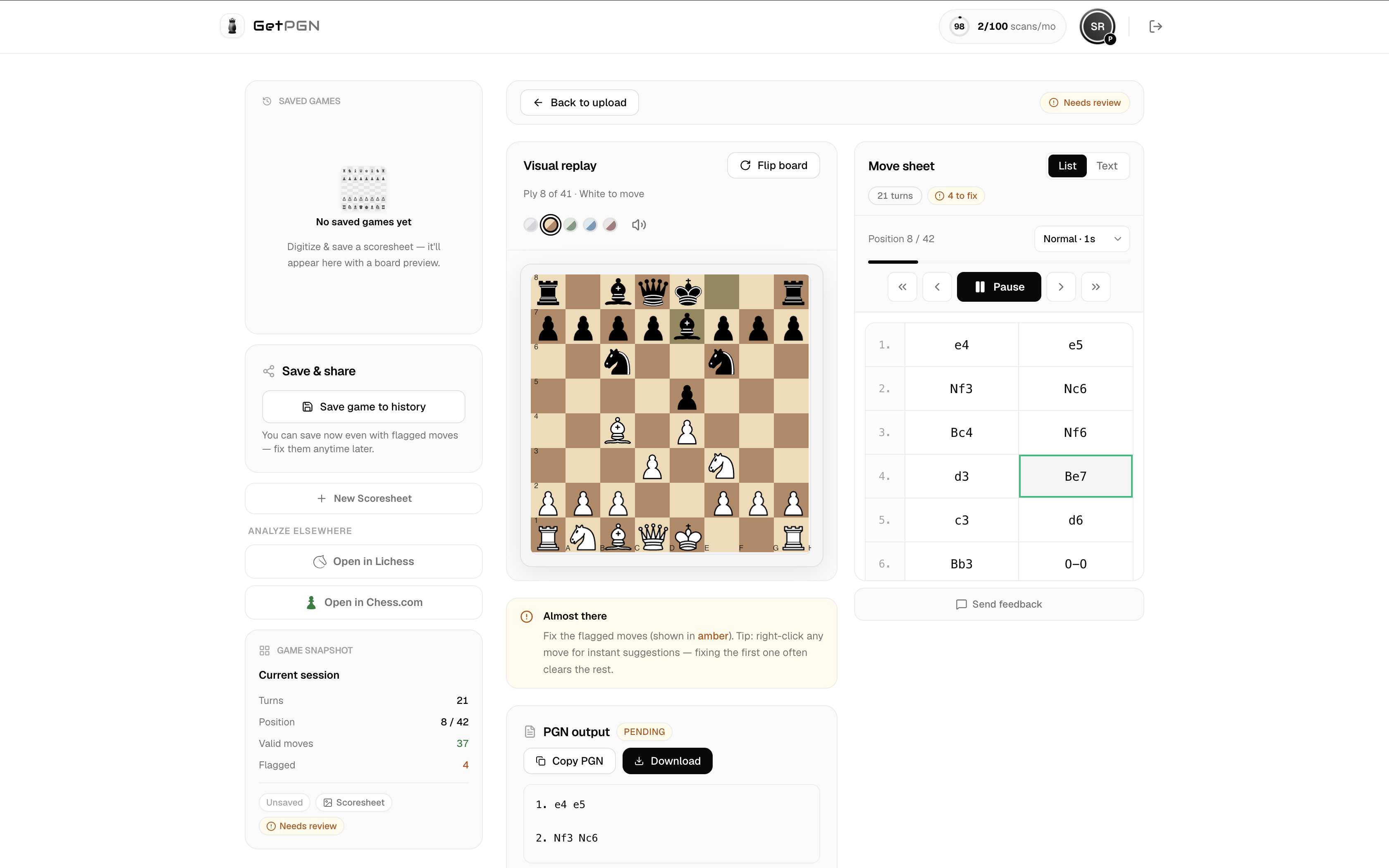 GetPGN dashboard — validated moves, board replay, and exported PGN